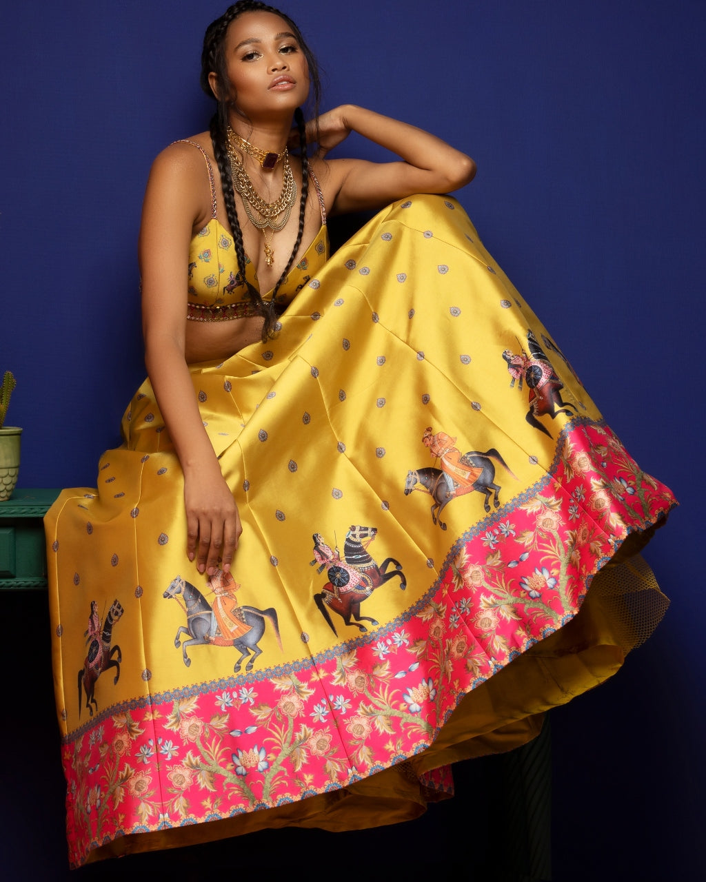 Mustard Placement Embroidery Lehenga Set