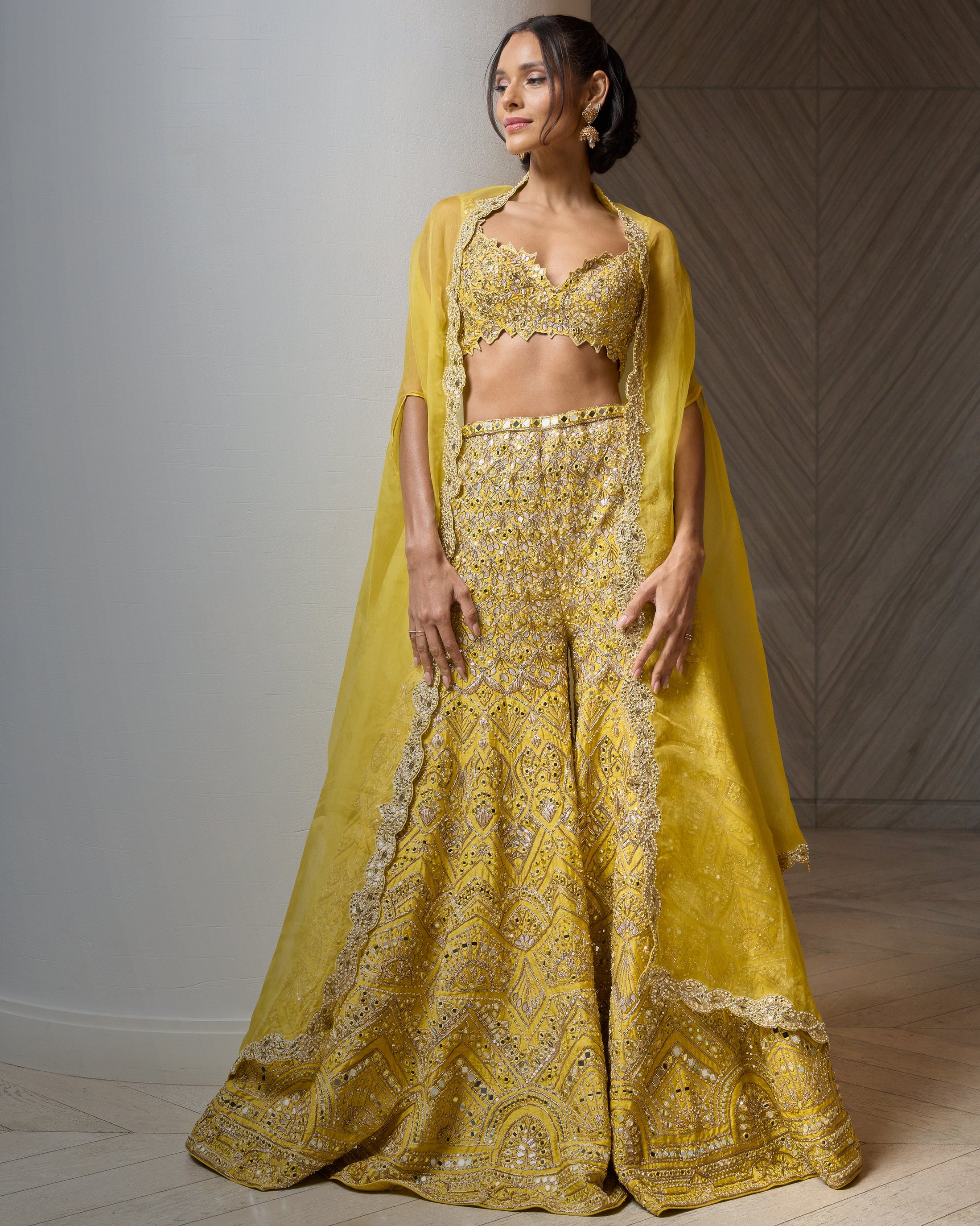 Yellow Raw Silk High Waist Sharara Cape Set