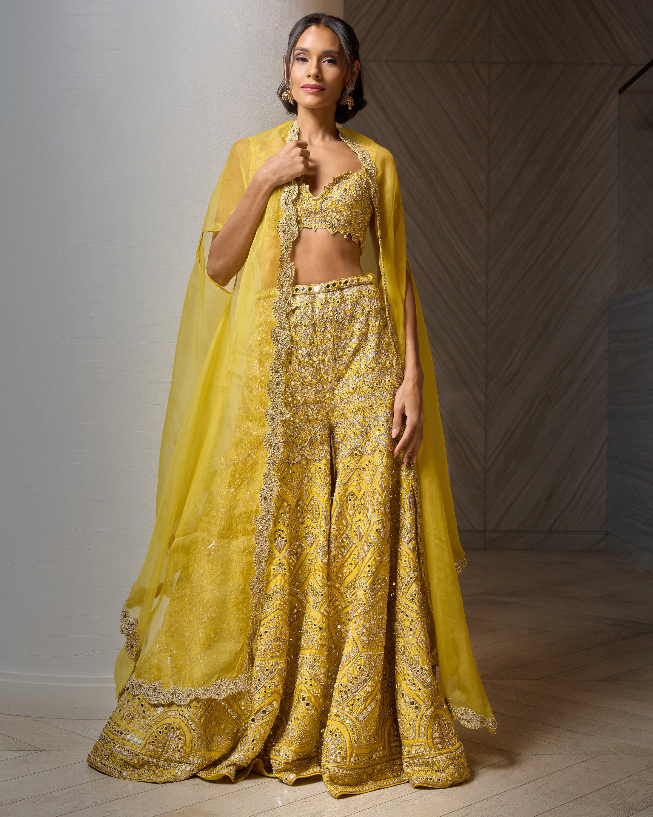 Yellow Raw Silk High Waist Sharara Cape Set