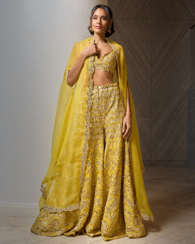 Yellow Raw Silk High Waist Sharara Cape Set