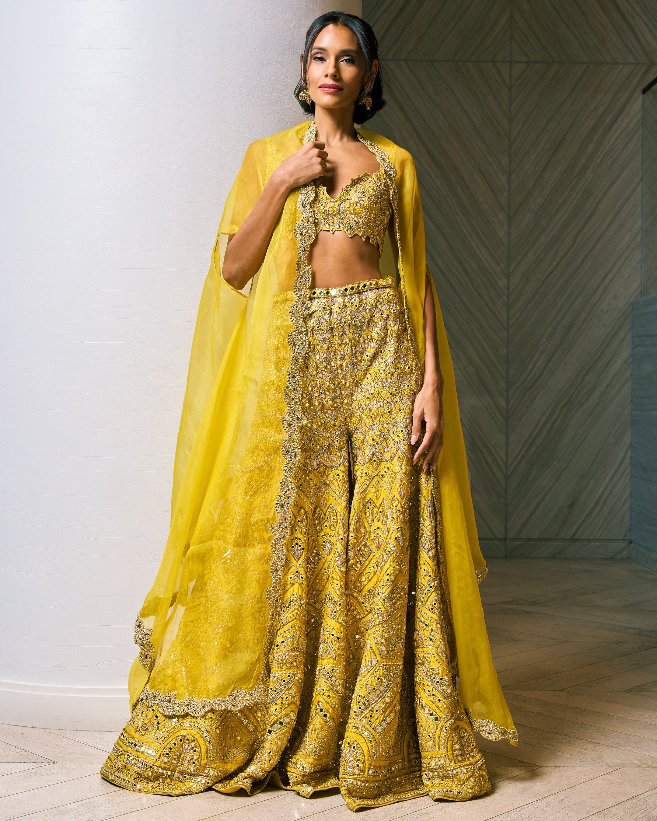 Yellow Raw Silk High Waist Sharara Cape Set