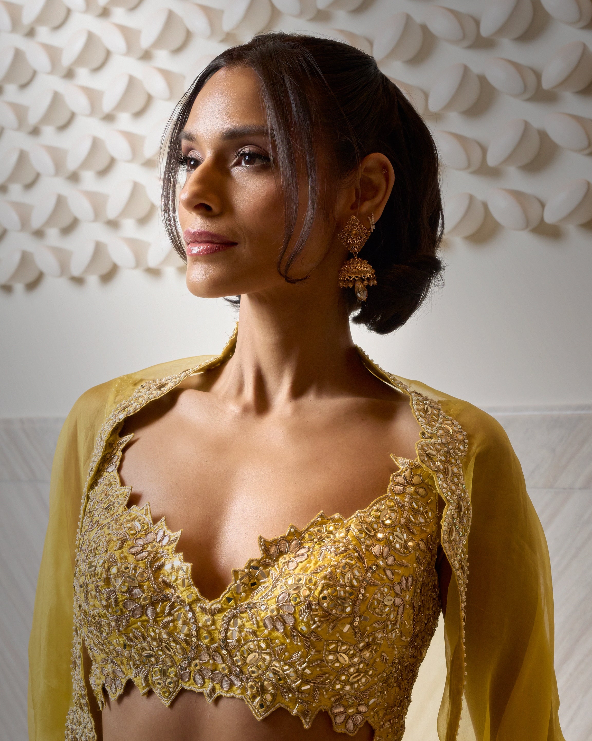 Yellow Raw Silk High Waist Sharara Cape Set