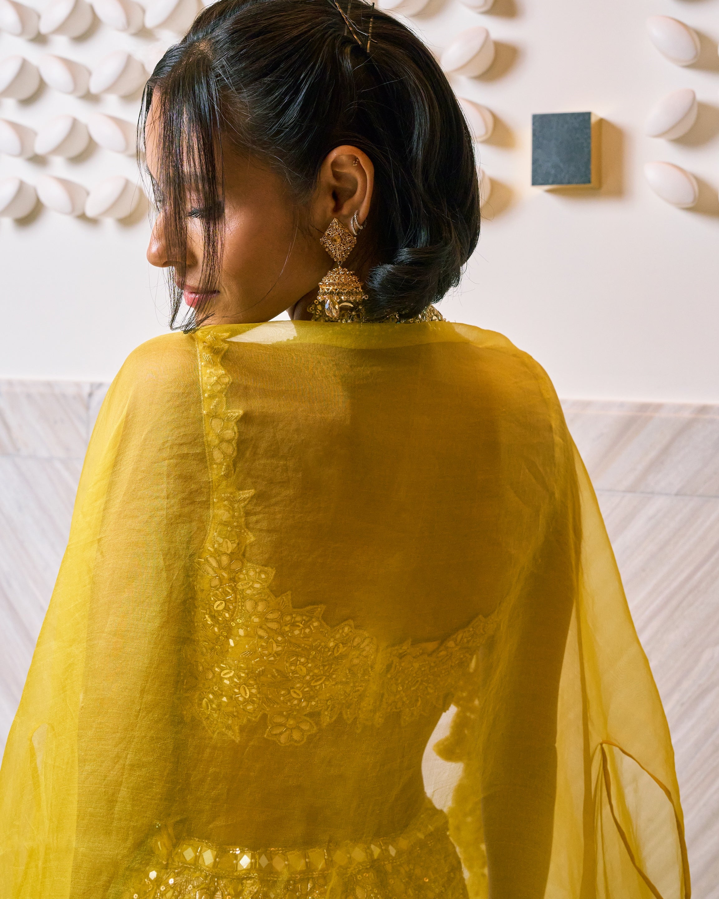 Yellow Raw Silk High Waist Sharara Cape Set