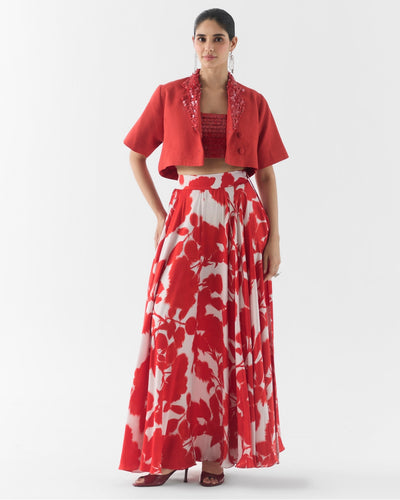 Red Ink Leather Blouse With Skirt