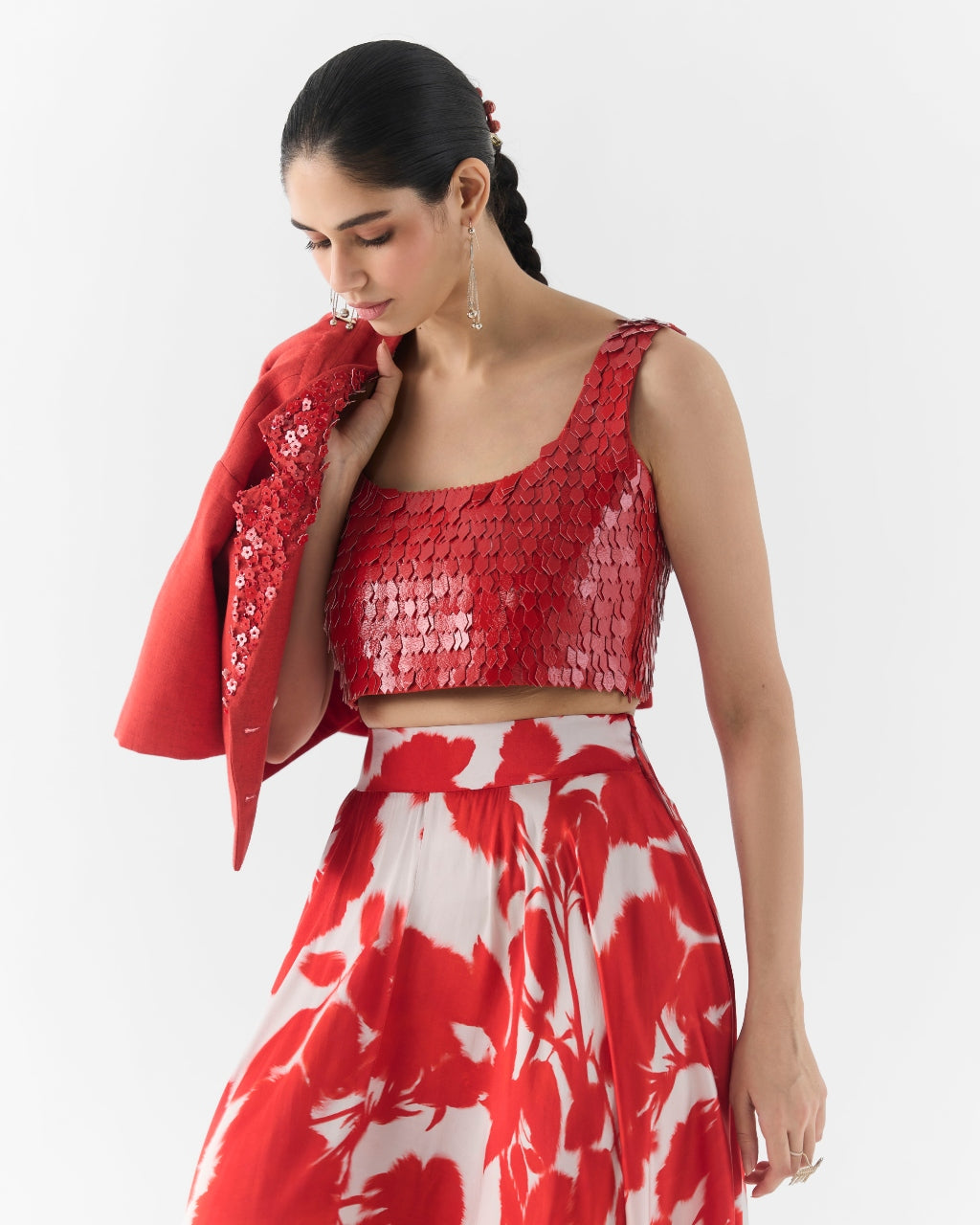Red Ink Leather Blouse With Skirt