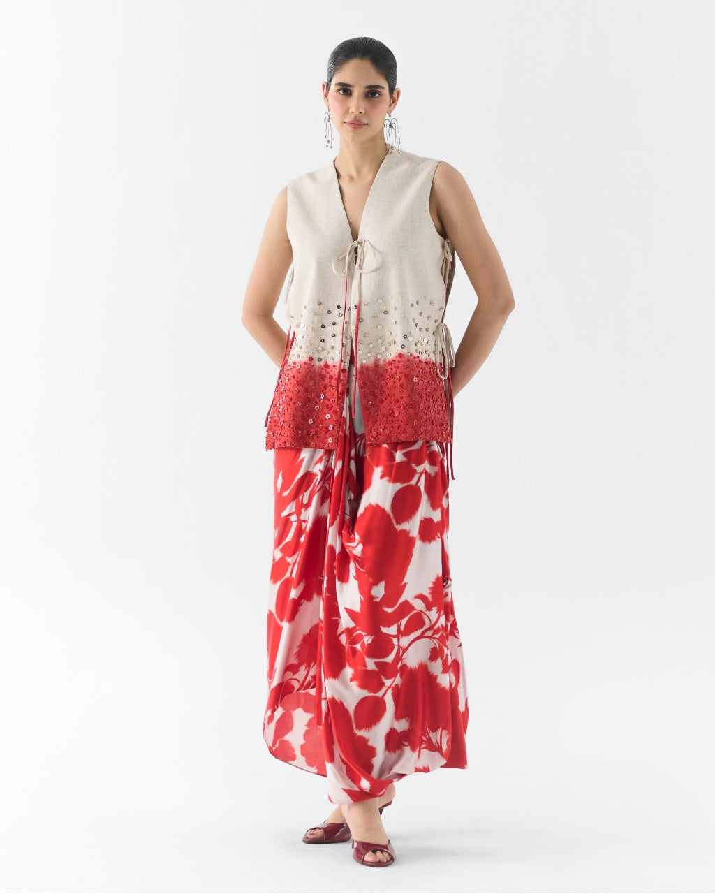 Red Ink Vest And Dhoti Pants