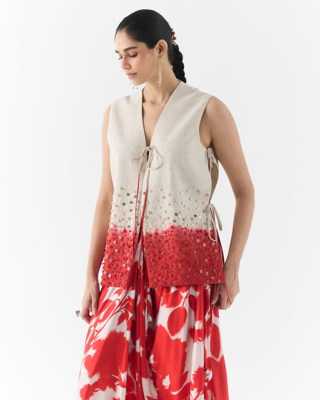 Red Ink Vest And Dhoti Pants