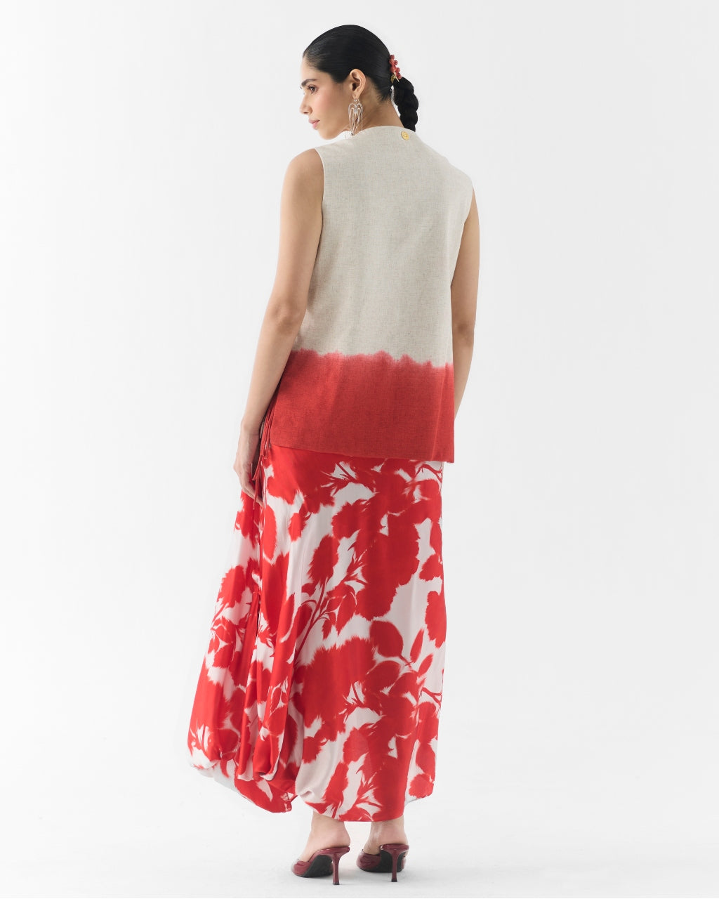 Red Ink Vest And Dhoti Pants