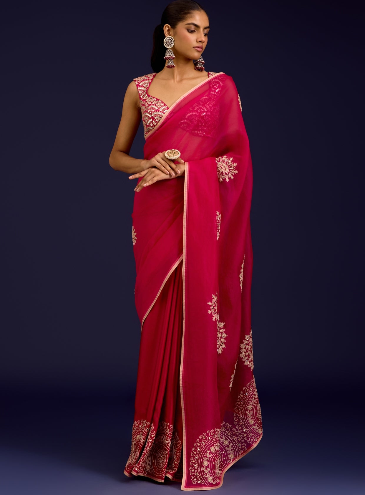Fuchsia Embroidered Modal Satin Sari Set