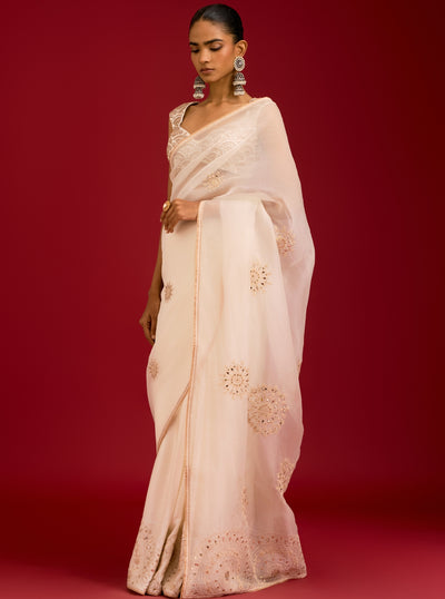 Ivory Embroidered Modal Satin Sari Set