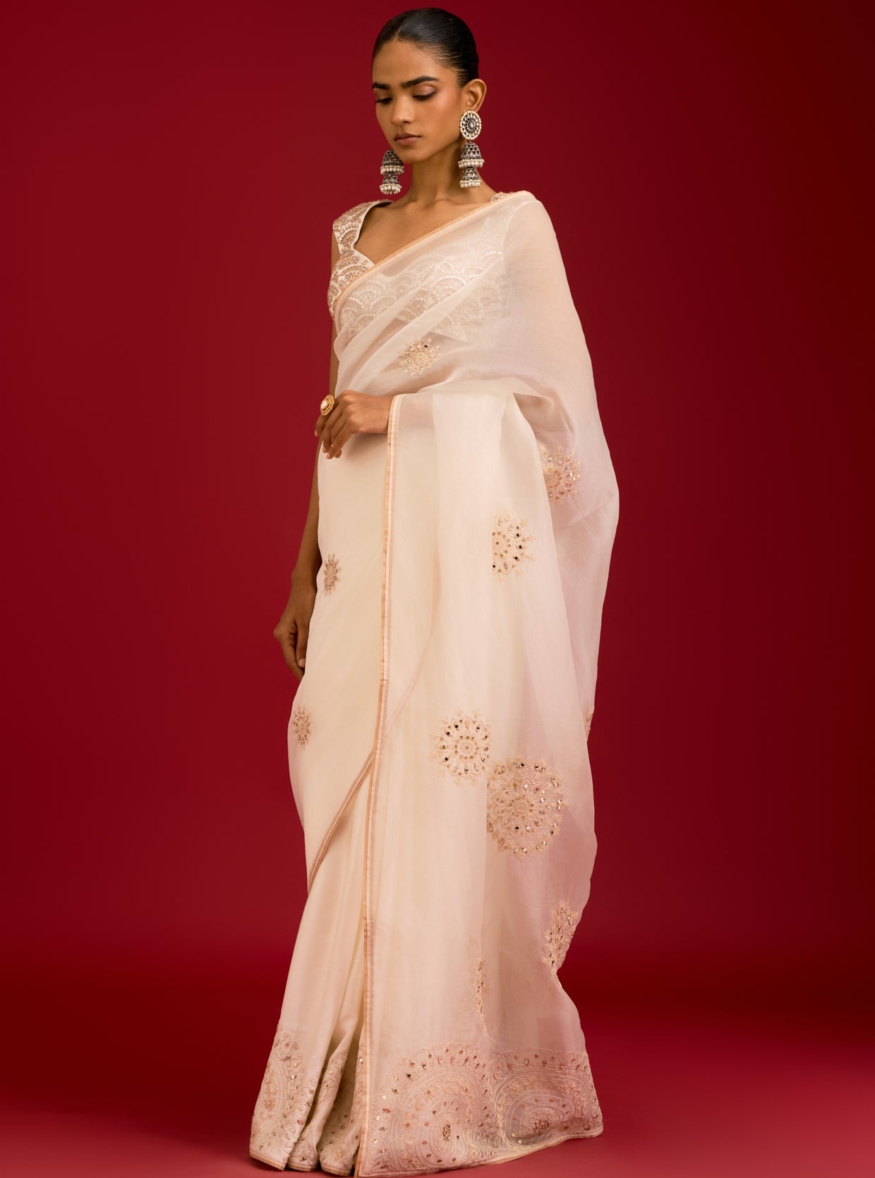 Ivory Embroidered Modal Satin Sari Set
