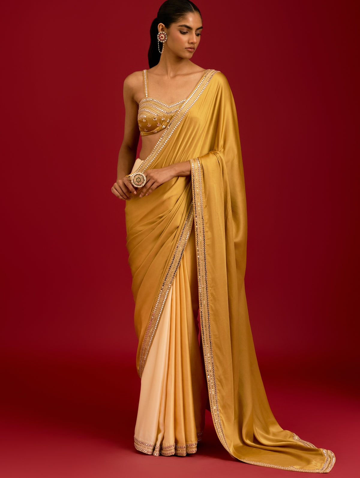 Mustard Embroidered Modal Satin Sari Set