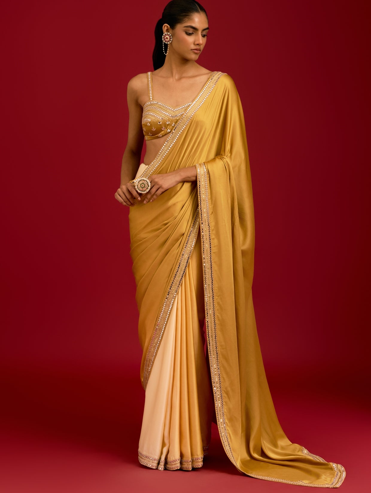 Mustard Embroidered Modal Satin Sari Set