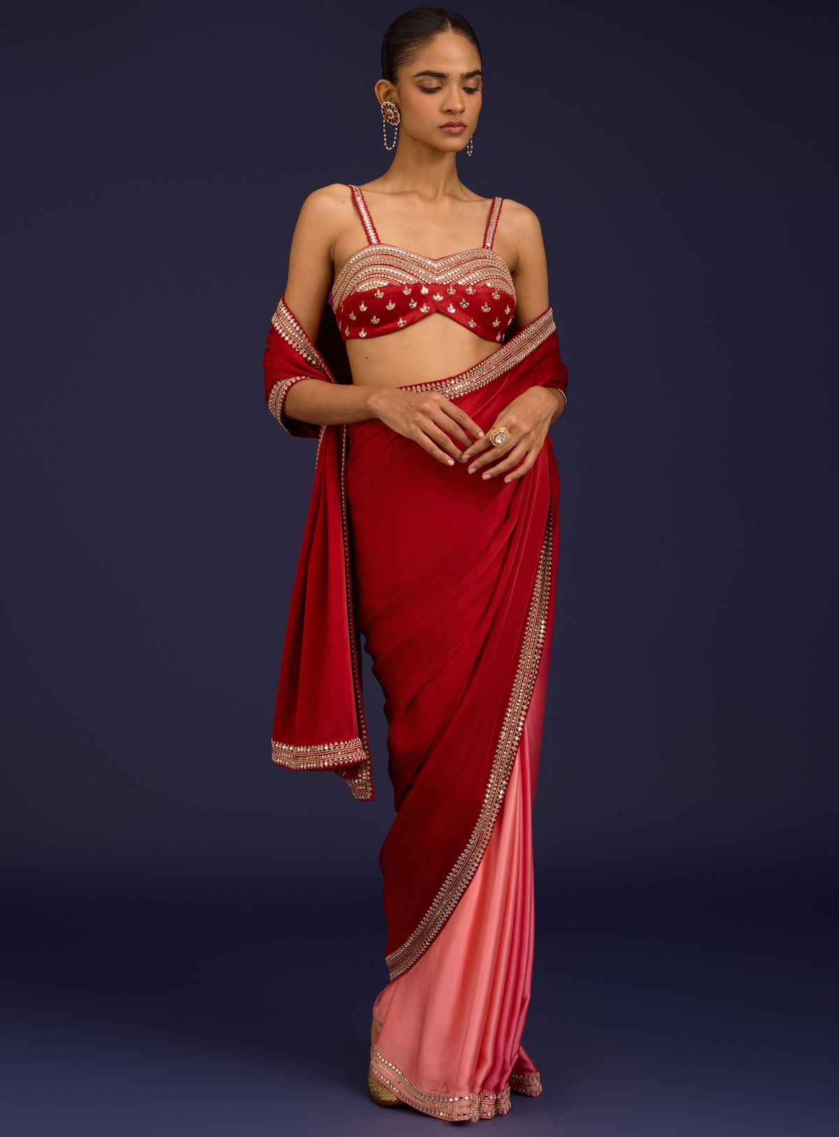 Blush Pink Embroidered Net Sari Set