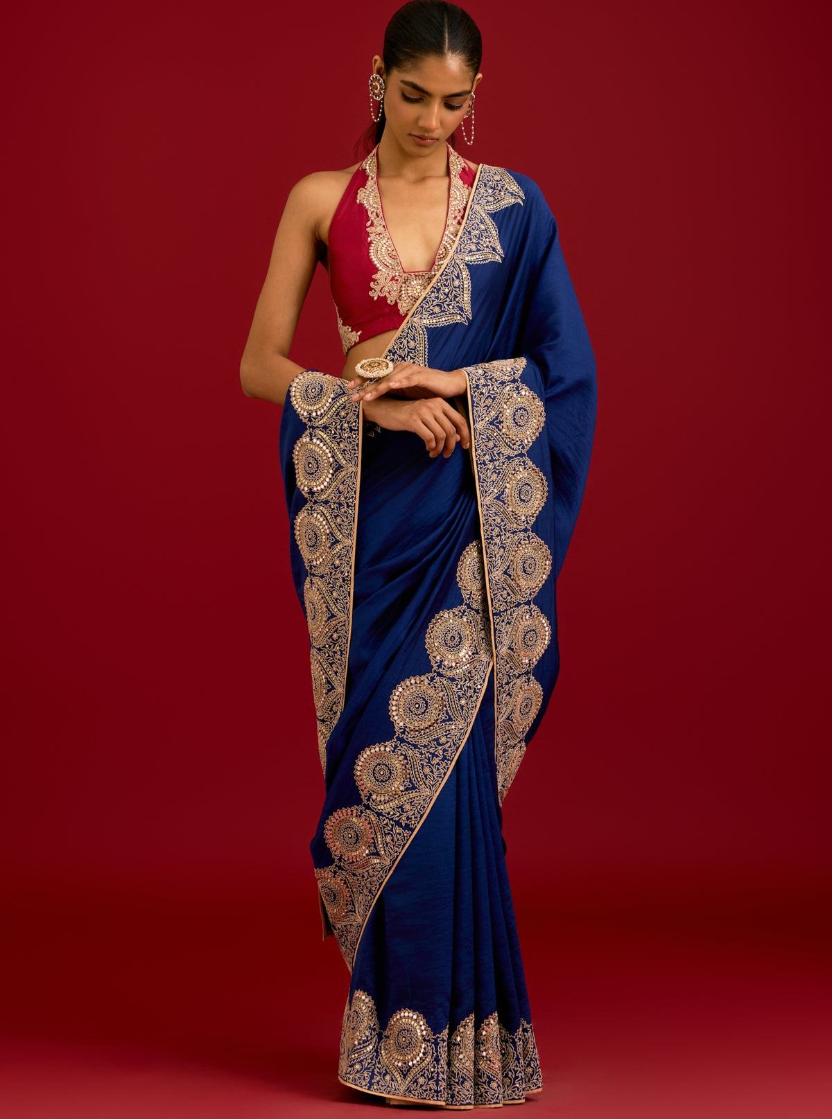 Navy Blue Embroidered Chinniya Silk Sari Set