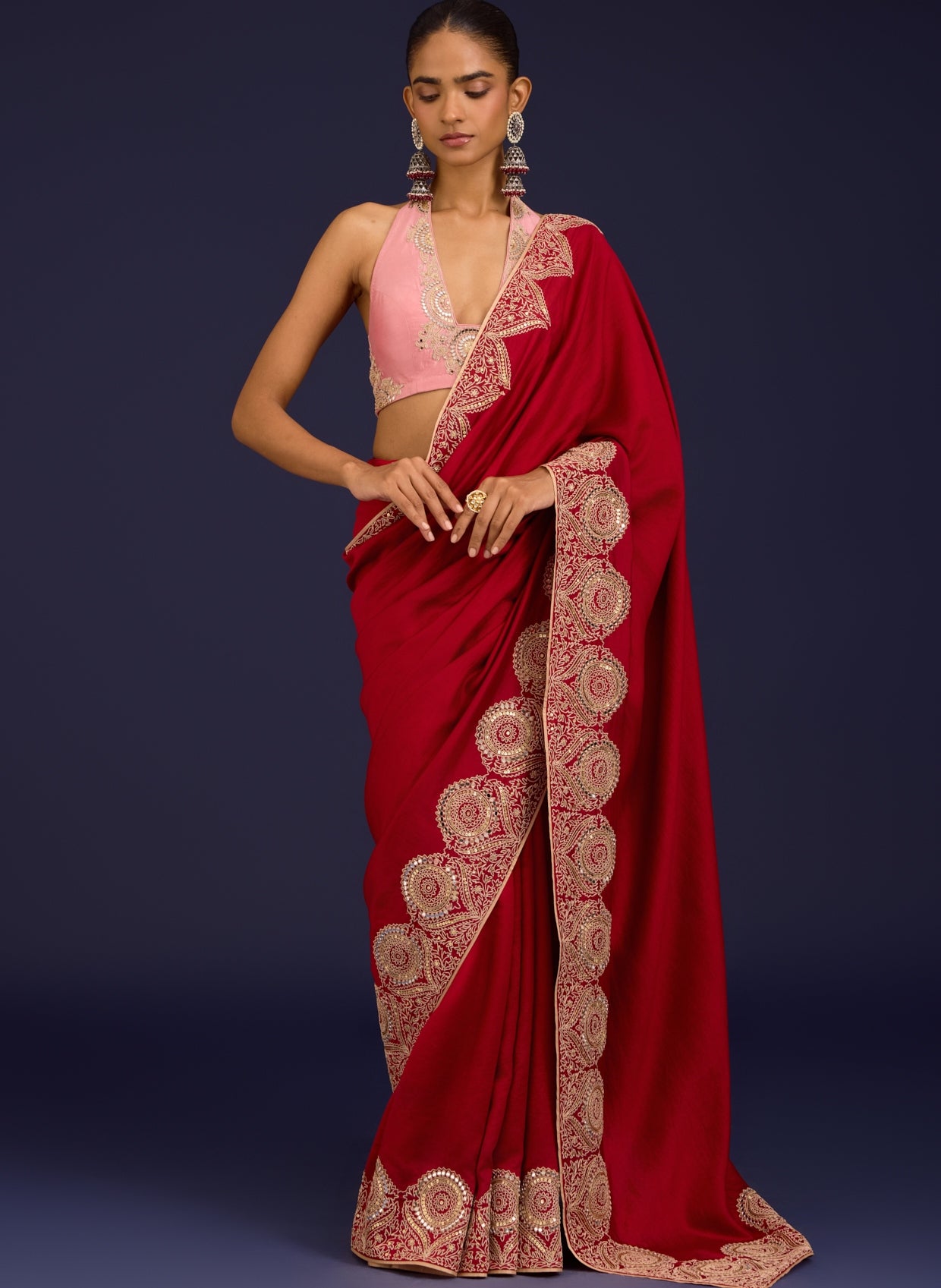 Red Embroidered Chinniya Silk Sari Set