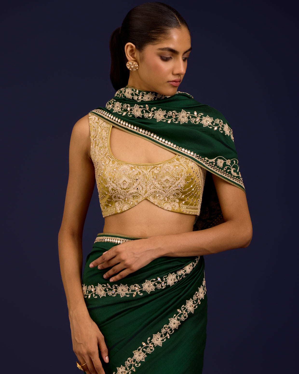Green Embroidered Chinniya Silk Sari Set