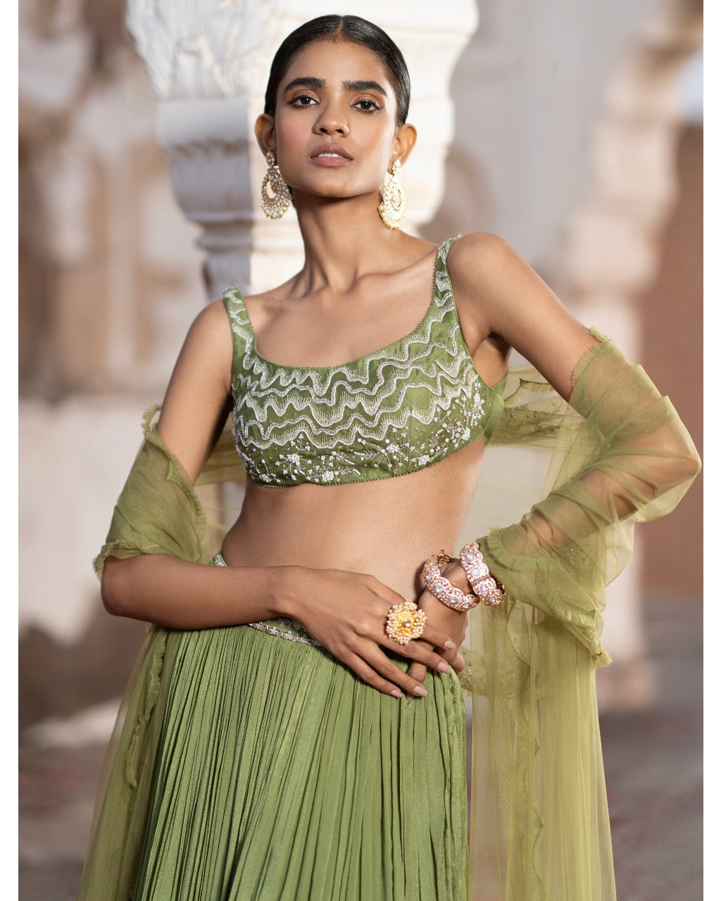 Olive Sequinned Lehenga Set