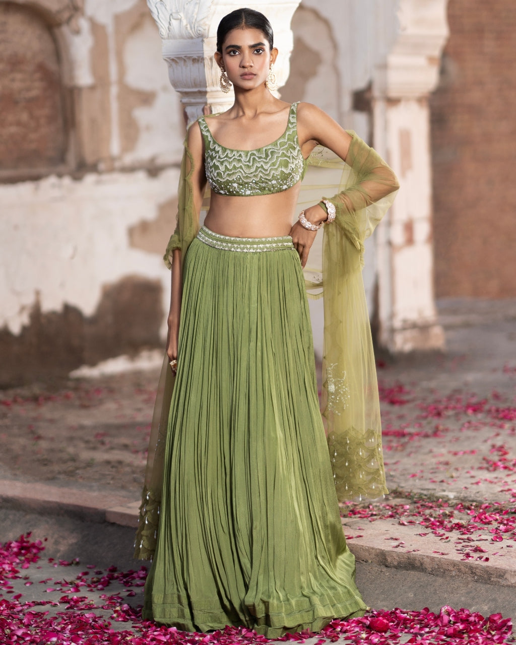 Olive Sequinned Lehenga Set