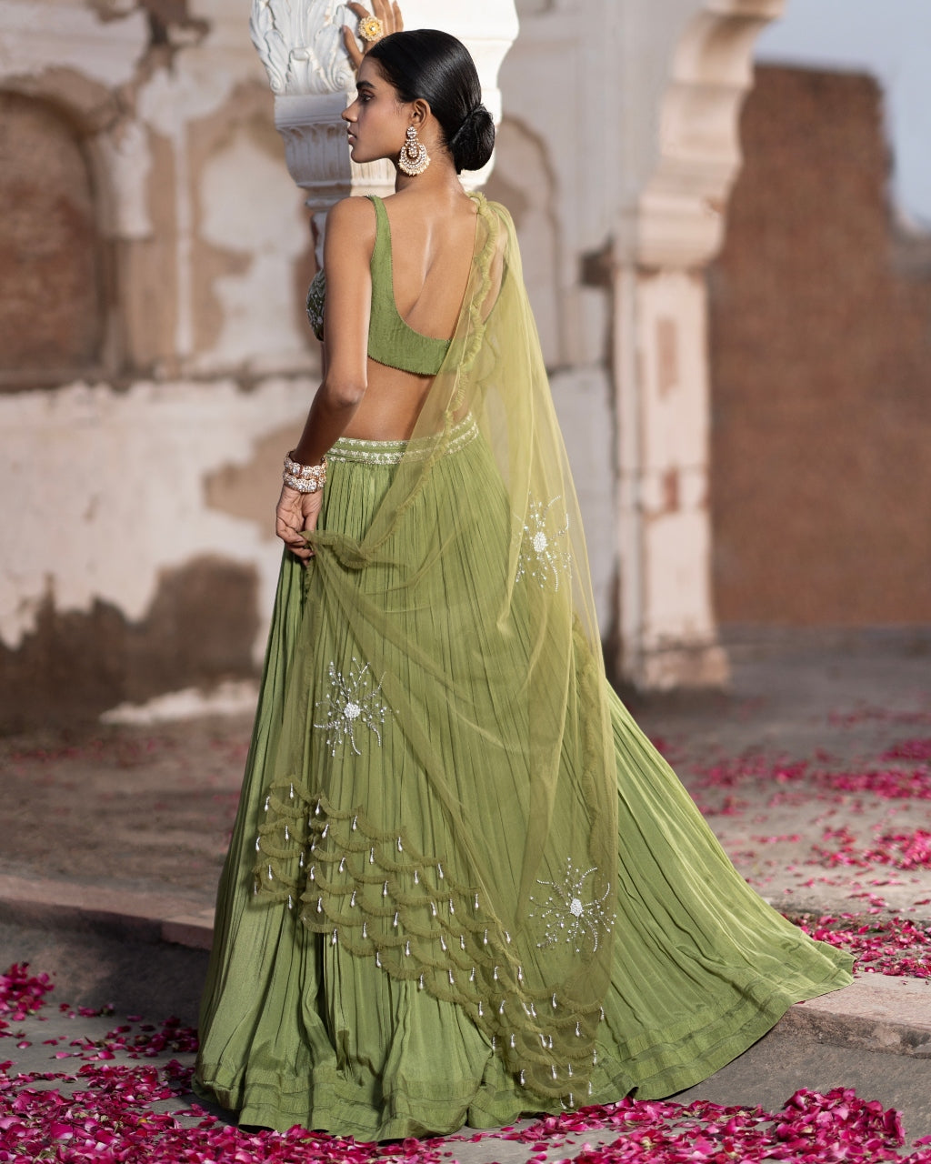 Olive Sequinned Lehenga Set