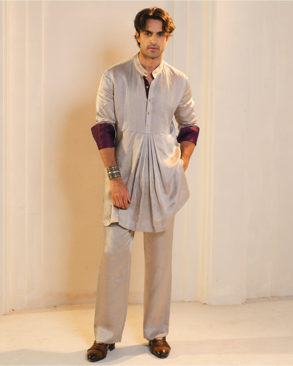 Silver And Wine Handpainted Silk Bandhgala Set