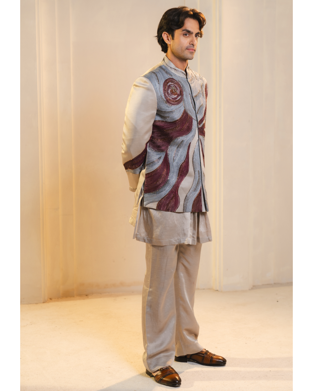 Silver And Wine Handpainted Silk Bandhgala Set