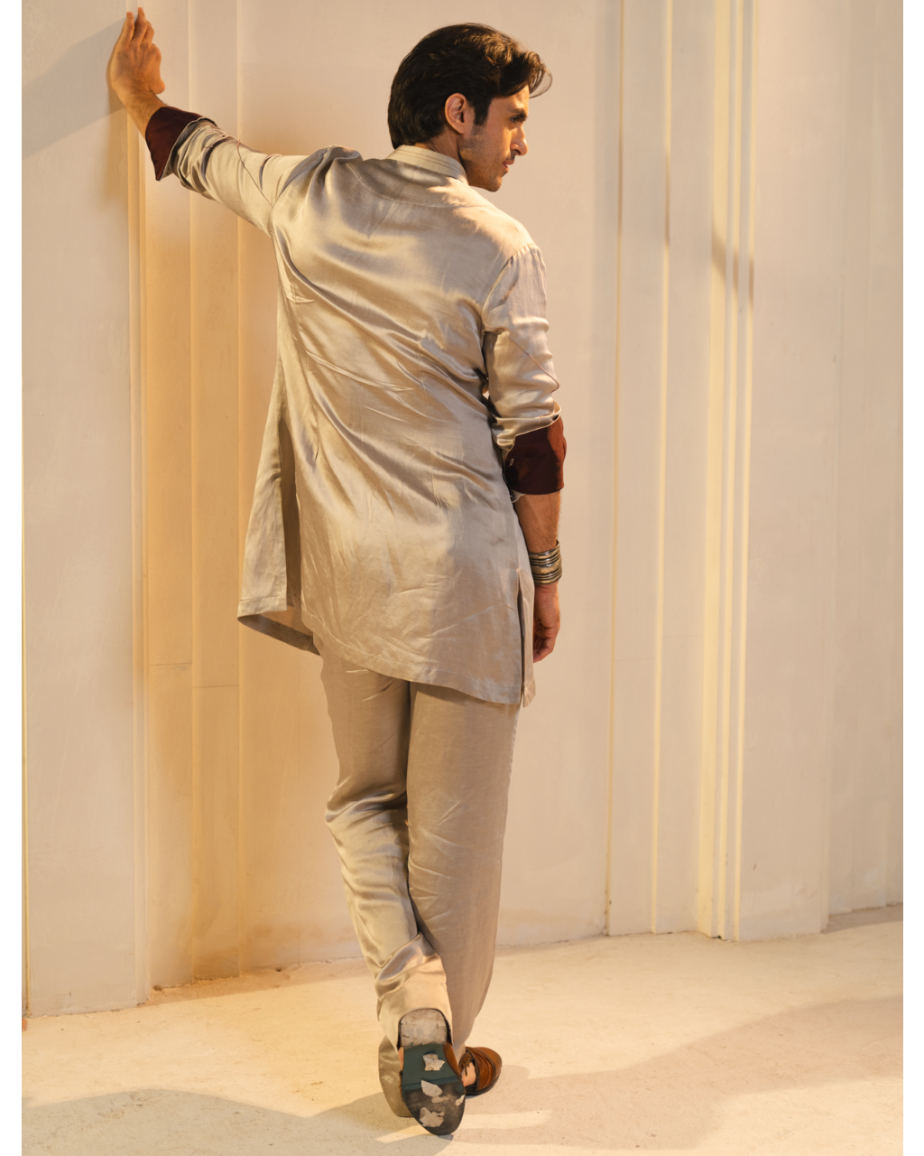 Silver And Wine Handpainted Silk Bandhgala Set