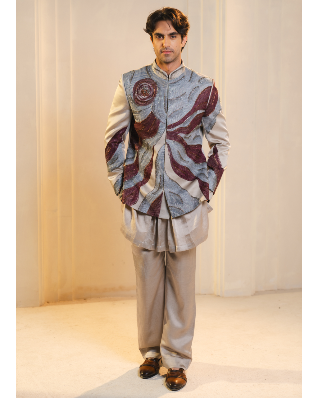 Silver And Wine Handpainted Silk Bandhgala Set