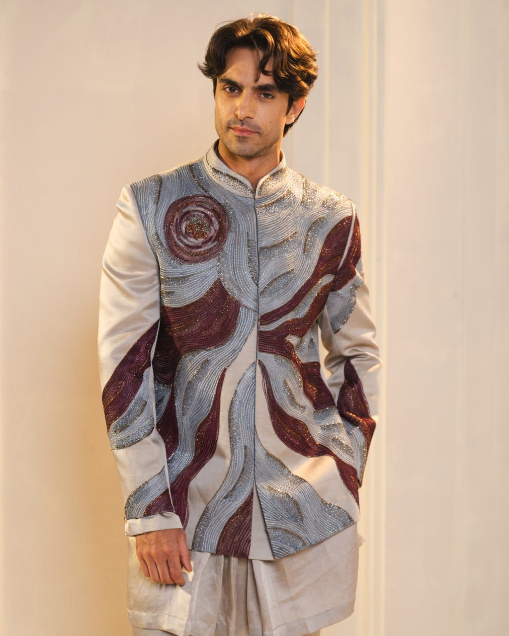 Silver And Wine Handpainted Silk Bandhgala Set