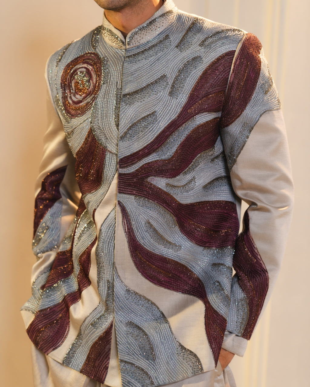 Silver And Wine Handpainted Silk Bandhgala Set