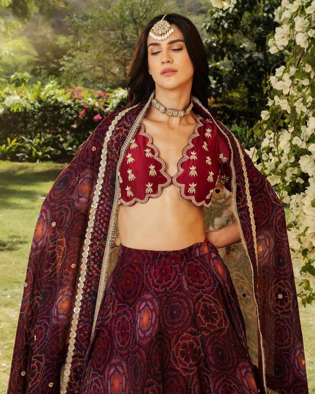 Bahaar Burgundy Scalloped Lehenga Set