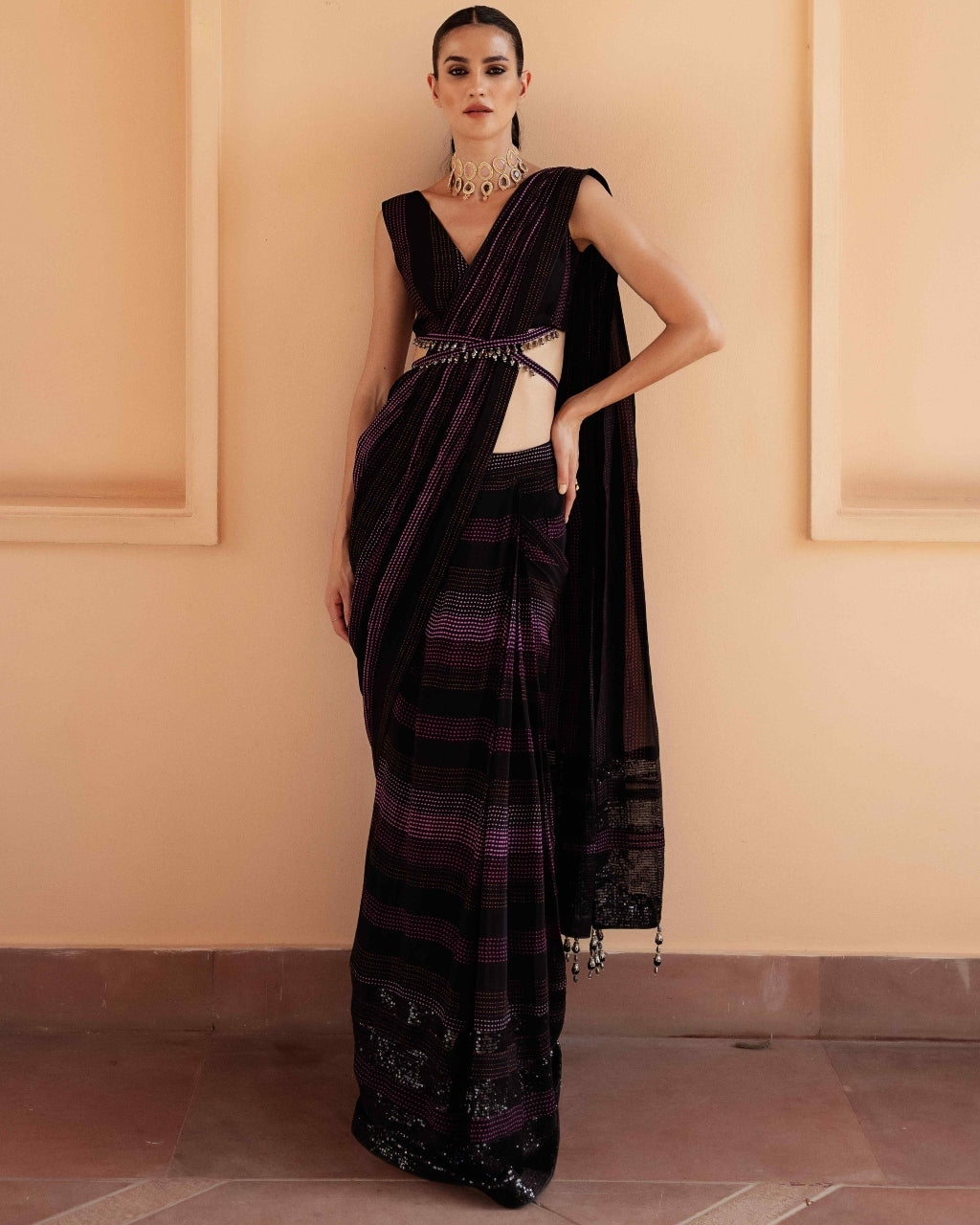 Safar Coal Sequinned Sari Set