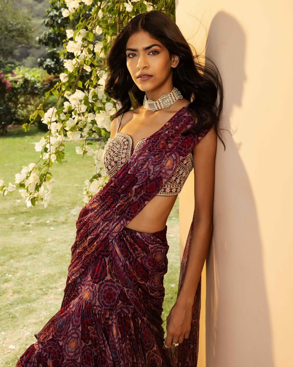 Bahaar Burgundy Tiered Sari Set