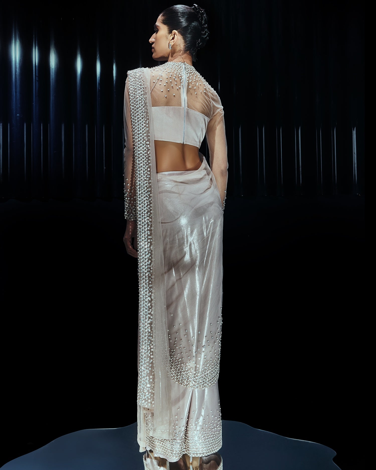 Pearl Drenched Mesh Sari Paired With A Structured Sweetheart Blouse