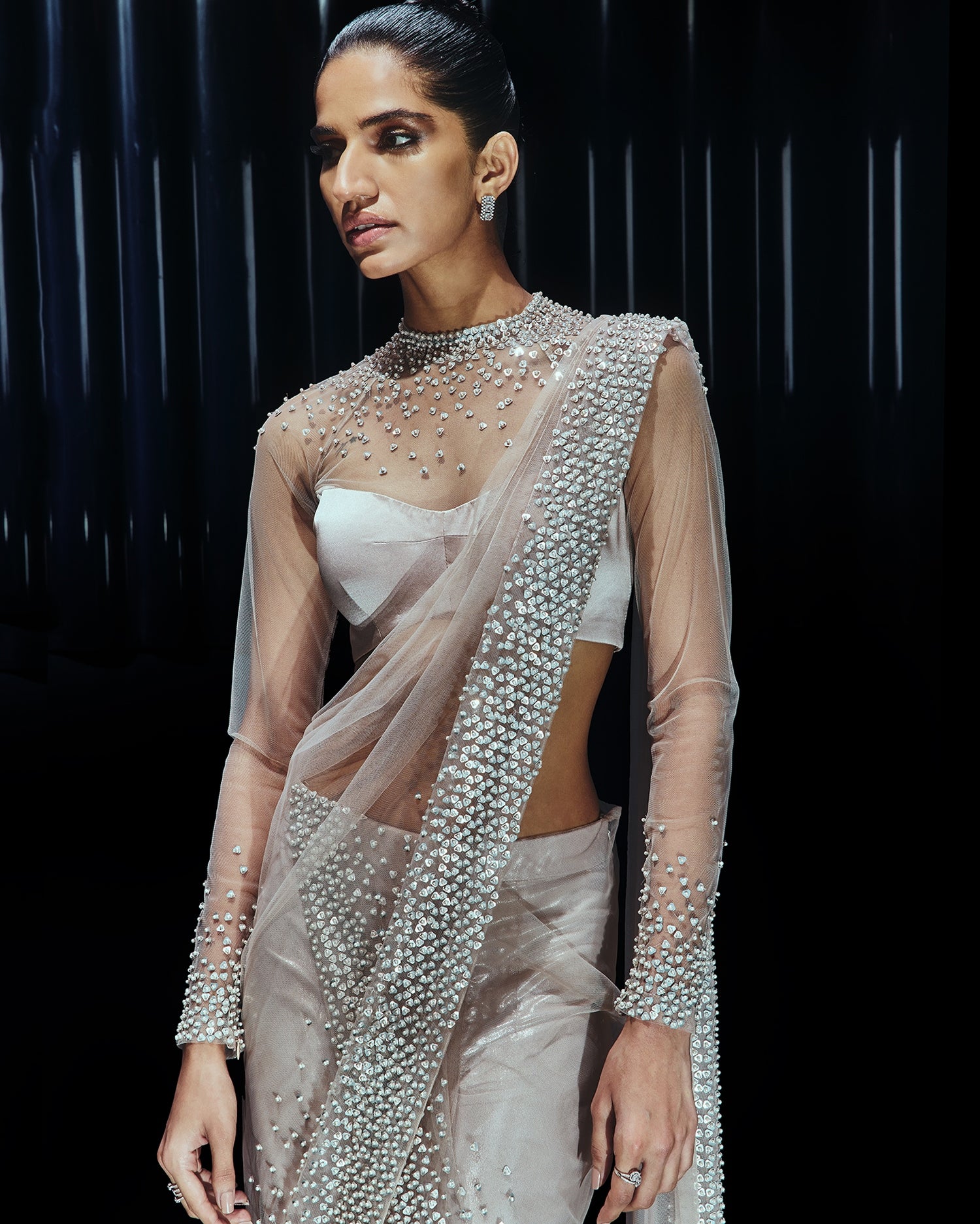 Pearl Drenched Mesh Sari Paired With A Structured Sweetheart Blouse