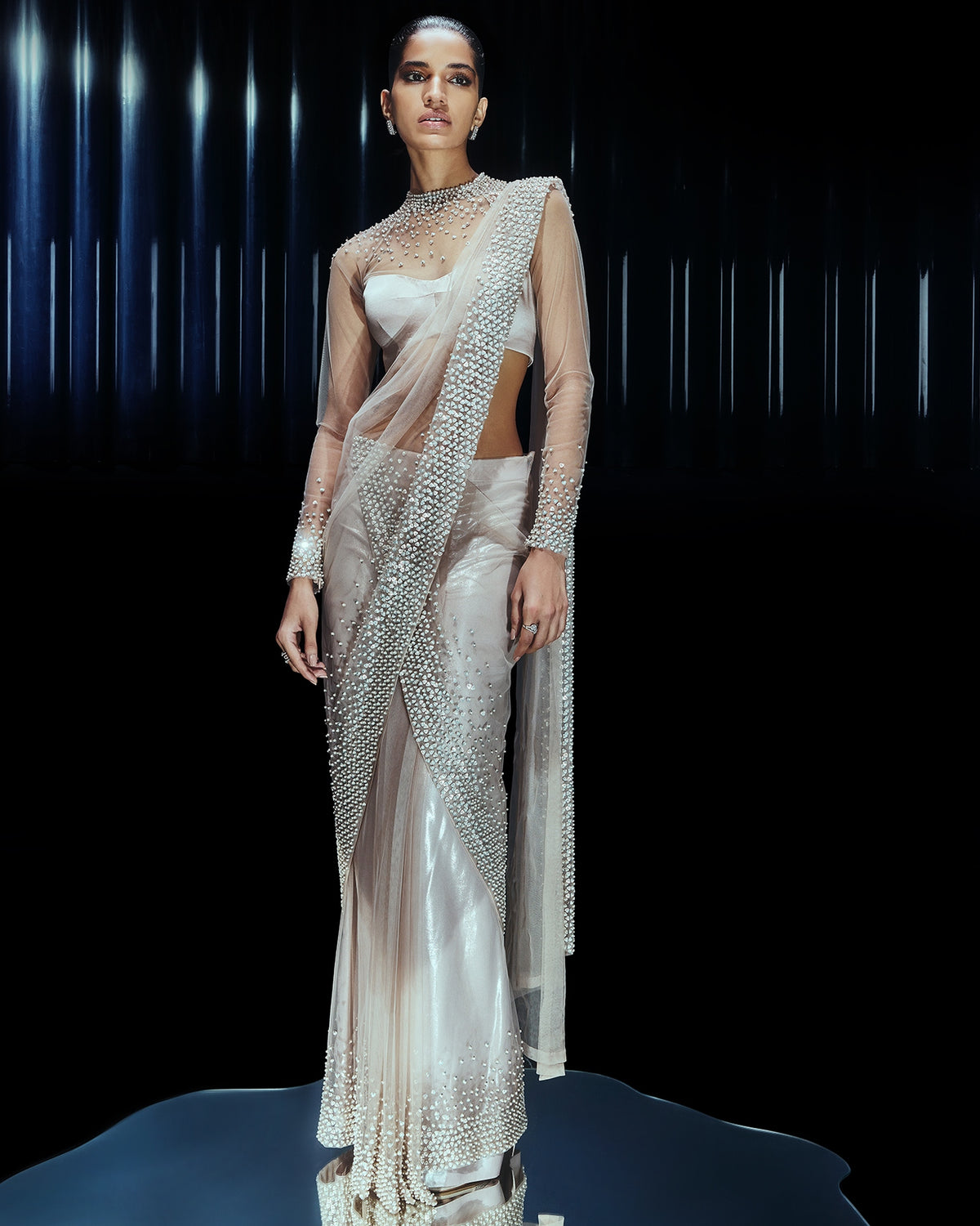Pearl Drenched Mesh Sari Paired With A Structured Sweetheart Blouse