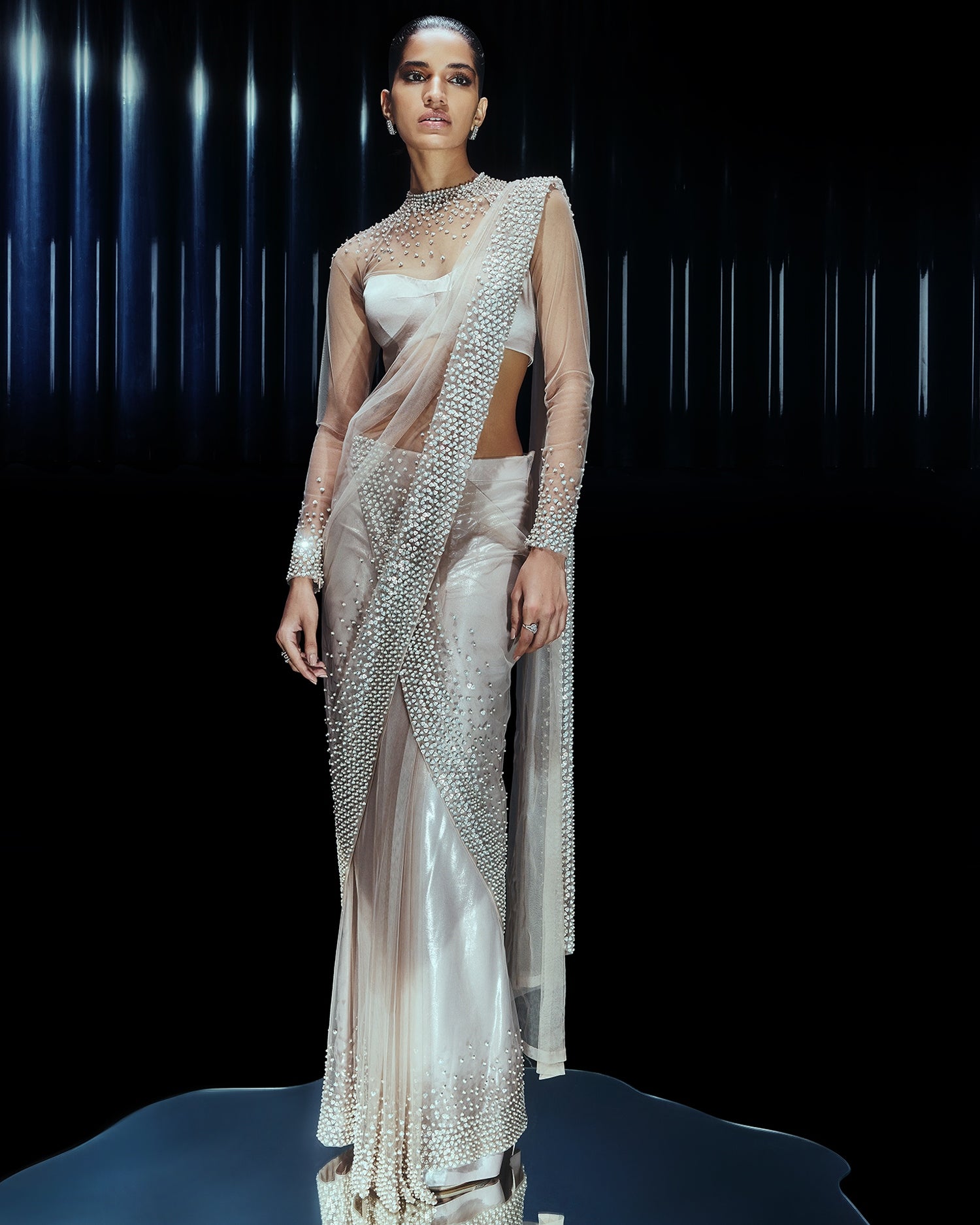 Pearl Drenched Mesh Sari Paired With A Structured Sweetheart Blouse