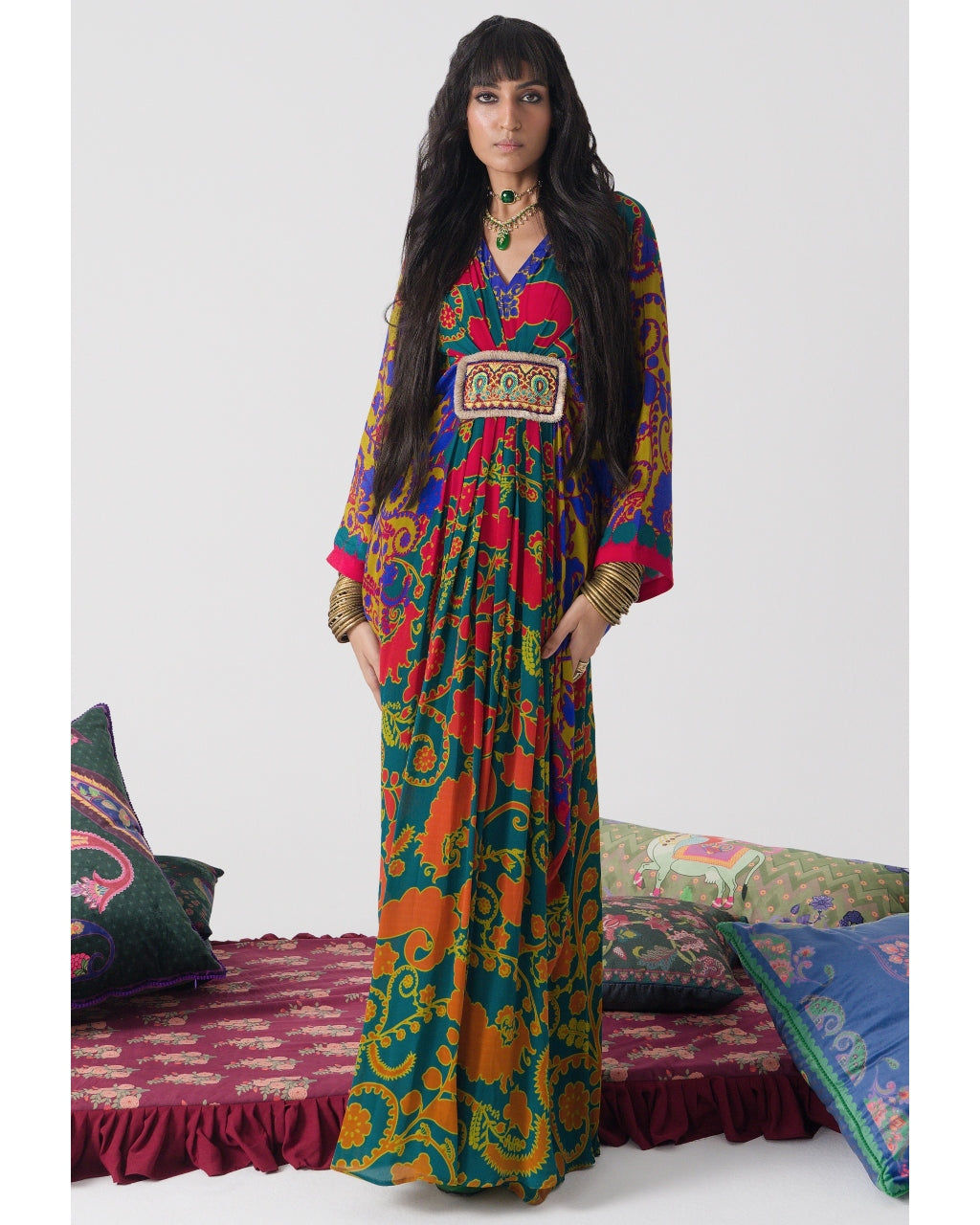 Emerald Orange Royal Paisley Belt Kaftan