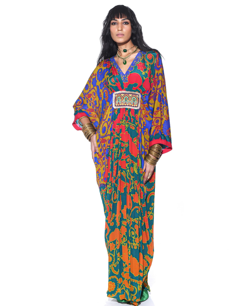 Emerald Orange Royal Paisley Belt Kaftan