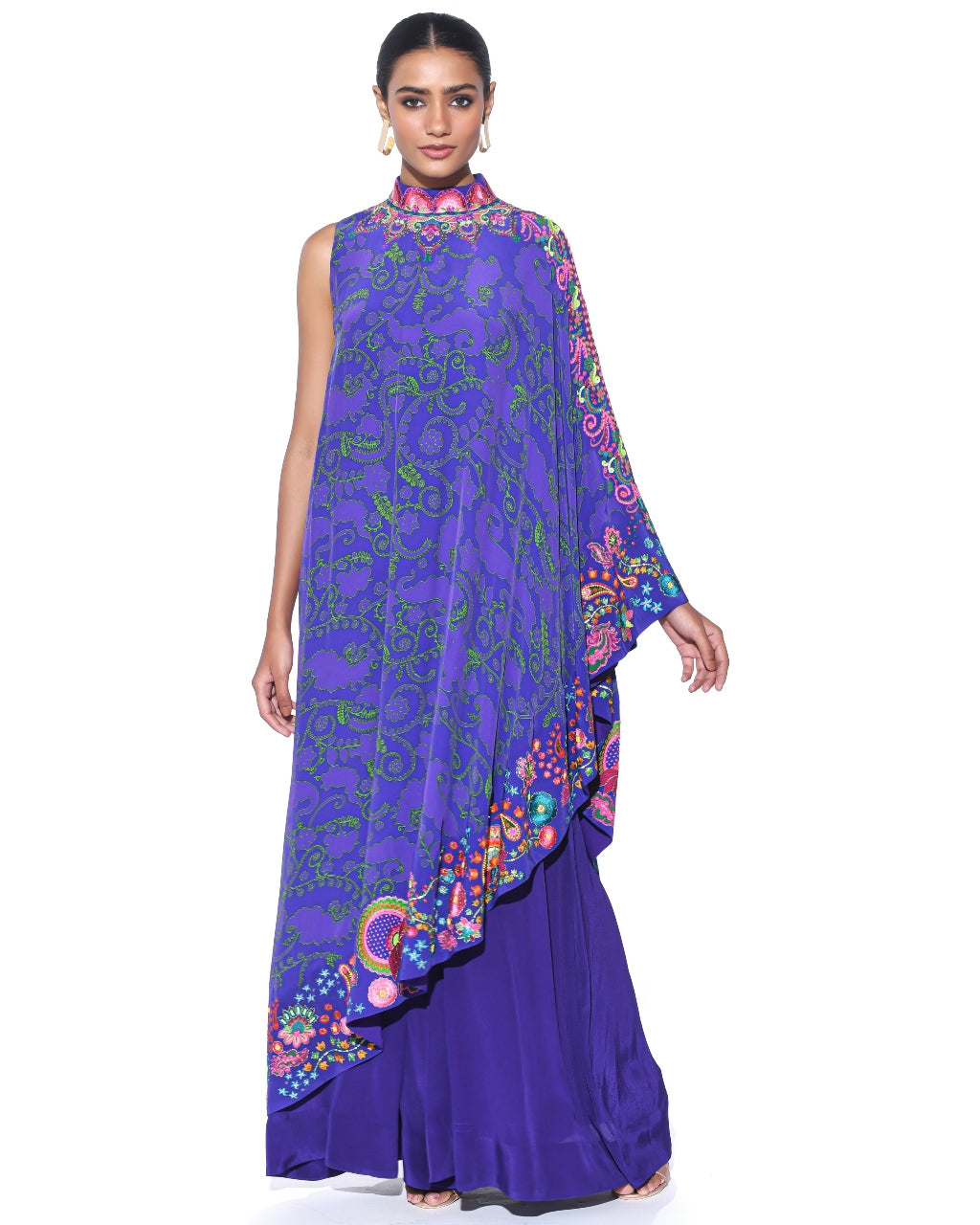 Royal Purple Embroidered One Shoulder Dress And Jumpsuit