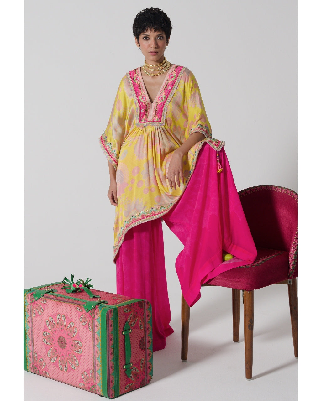 Bright Yellow Kaftan Top Set