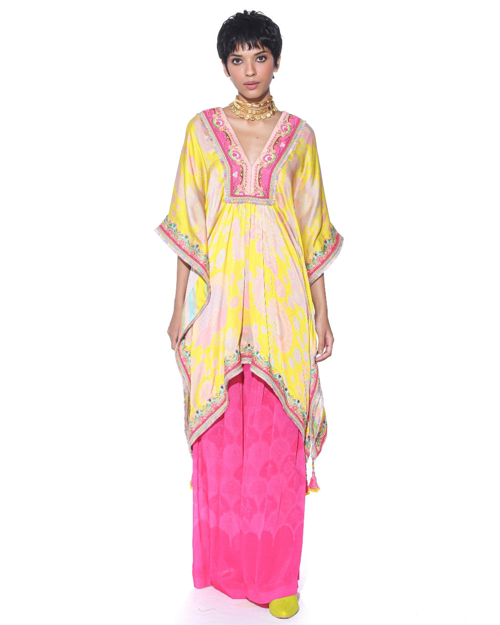 Bright Yellow Kaftan Top Set