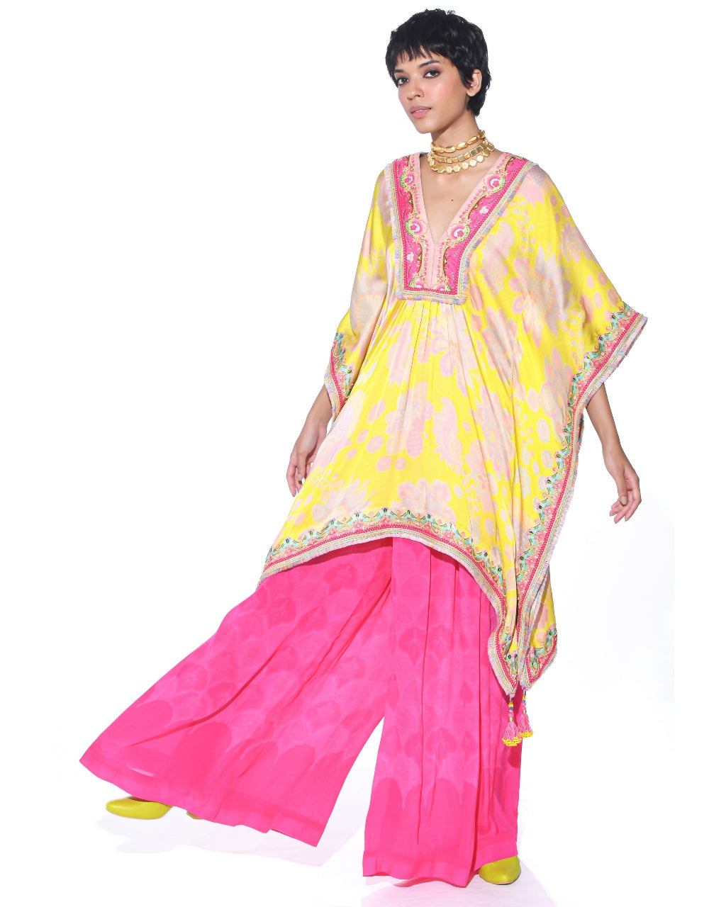 Bright Yellow Kaftan Top Set