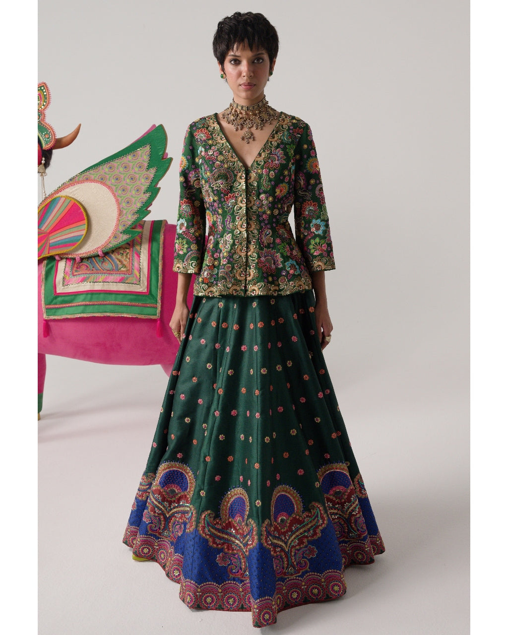 Bottle Green Embroidered Peplum Top & Lehenga Set