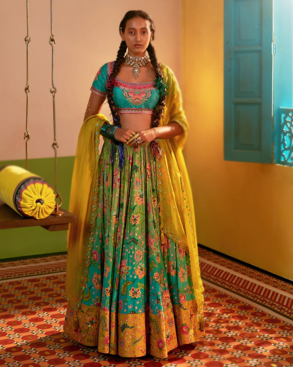 Aqua Turquoise Ombre Embroidered Lehenga Set