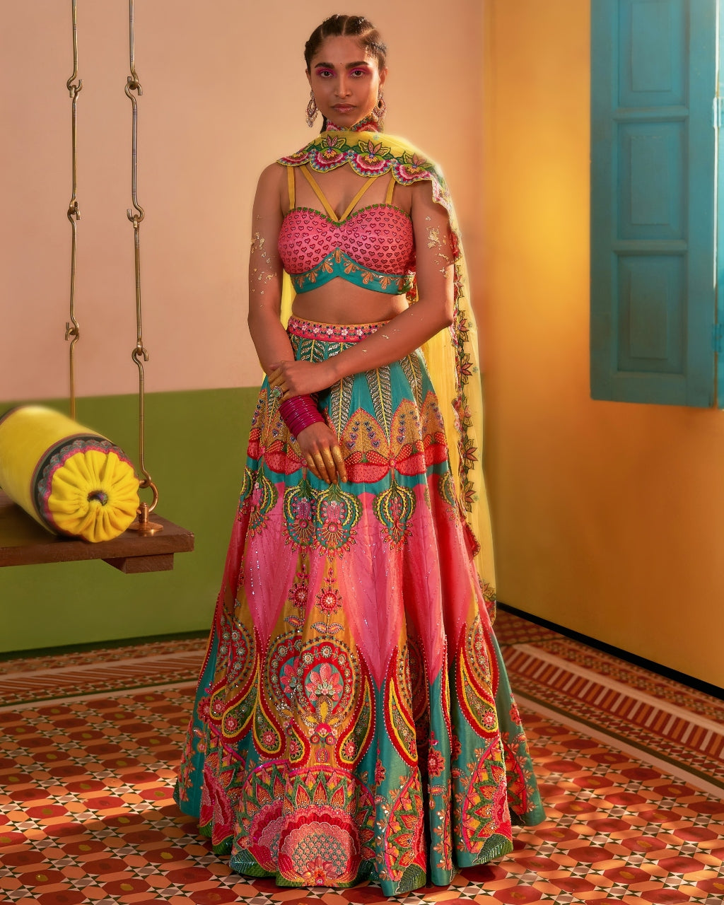 Mastani Pink & Ocean Electric Green Embroidered Lehenga Set