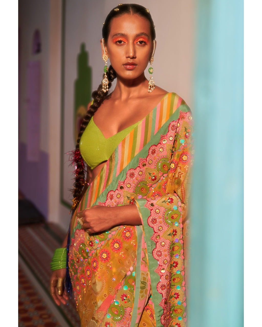 Sunset Orange Ombre Embroidered Sari Set