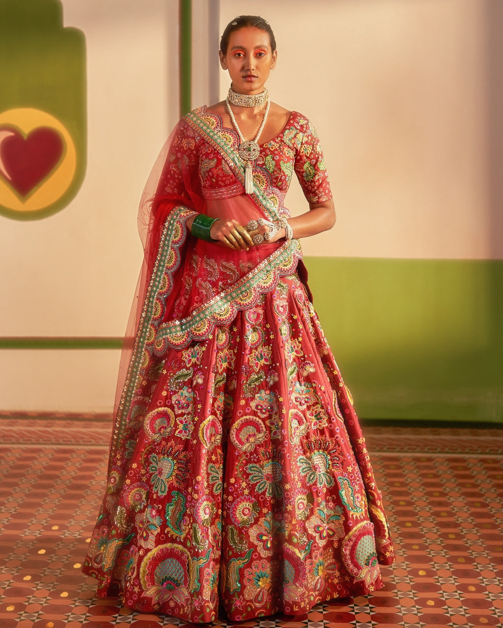 3D Embroidered Burgundy Lehenga Set