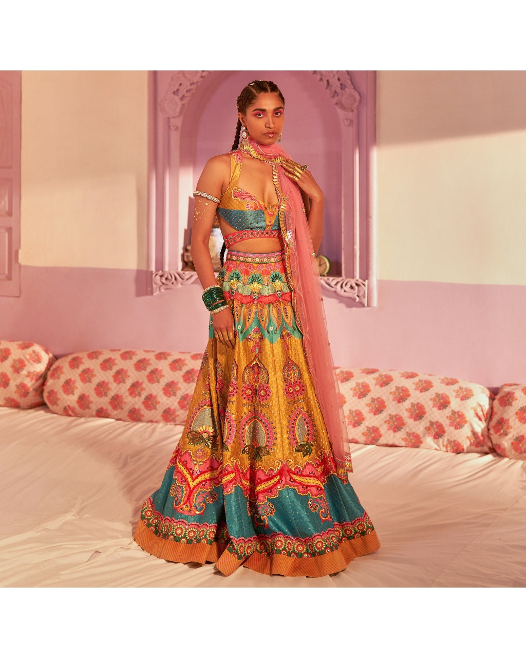 Lime Mustard And Paradise Blue Embroidered Lehenga Set