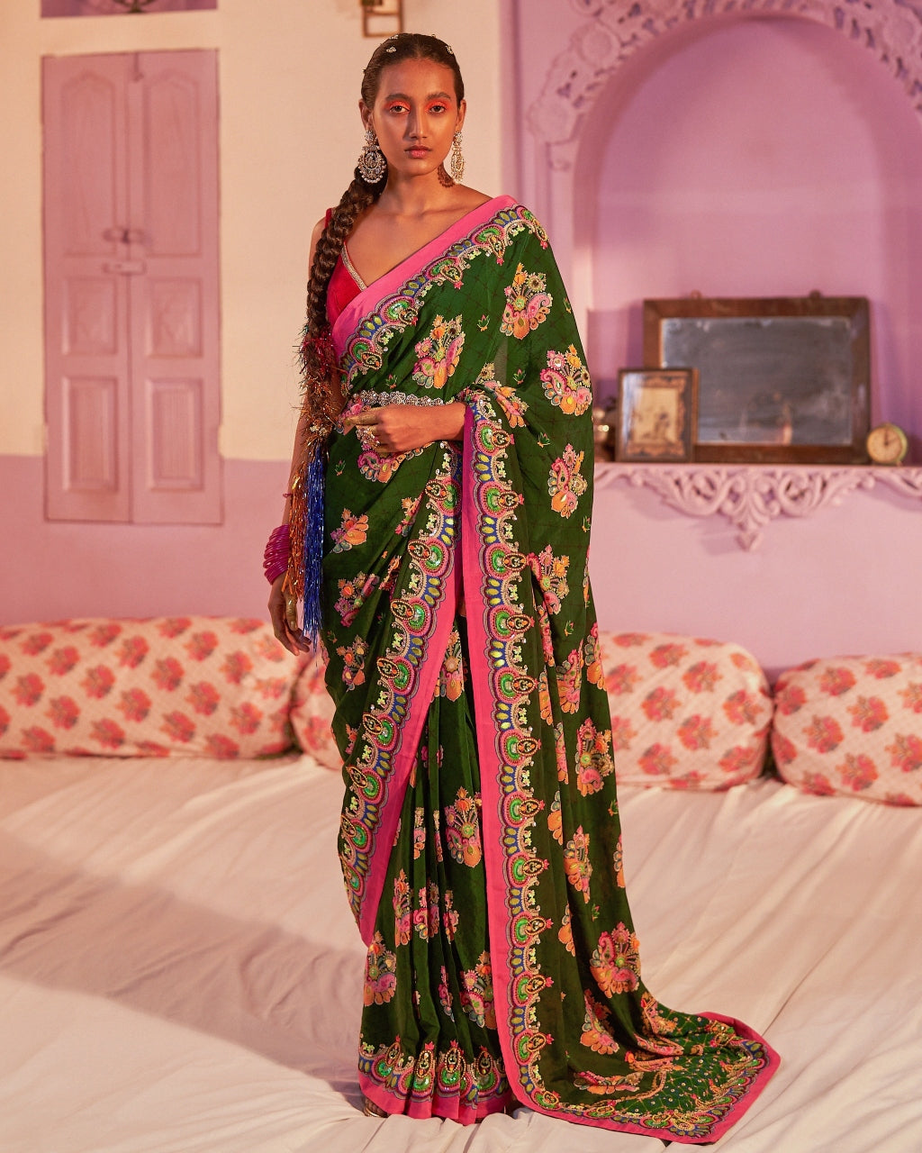 Emerald Sea Green Royal Paisley Embroidered Sari Set